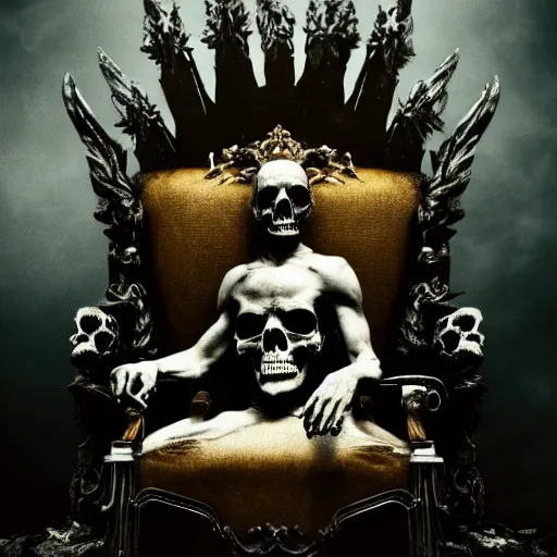 Image similar to the king of death, sitting on throne, shadows, hyperrealistic, dead bodies in the background, high resolution, 8 k, dramatic lighting, holding a skull, dramatic pose, dramatic