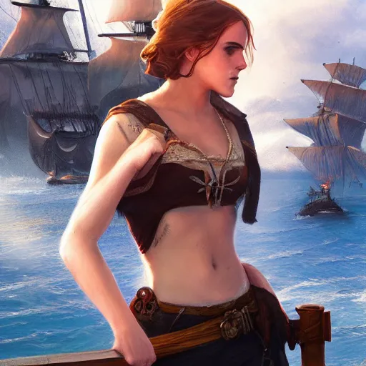 Image similar to sensual emma watson wearing as a captain, looking seductive, pirate ship in background, hyperrealistic, artgerm, greg rutkowski, artstation, highly detailed