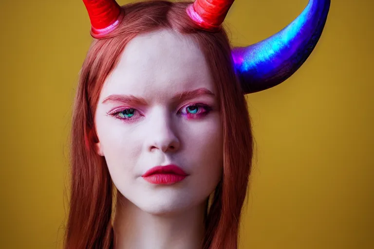 Image similar to pretty demon girl with horns photograph in the style of clemens ascher, colorful, realistic, 8 k, portrait, ambient lights,