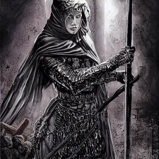 Image similar to a warrior woman in a hooded dark robe with her face is covered in a chain - mail veil, facing forward, standing in a fighting stance holding a long staff in her hands, intricate, elegant, highly detailed, smooth, sharp focus, detailed face, high contrast, graphic novel, art by ardian syaf and pepe larraz,