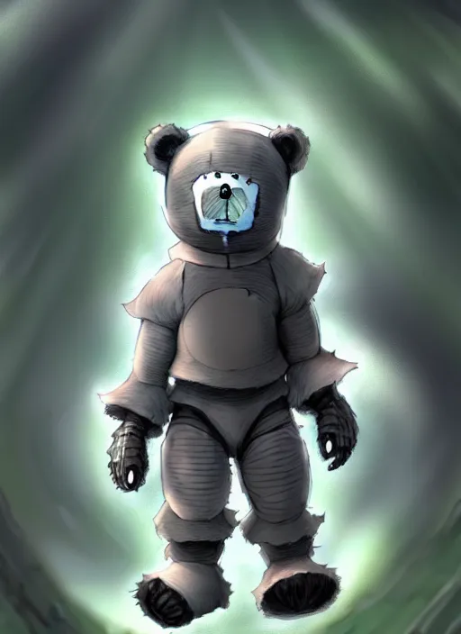 Image similar to beautiful little boy wearing an cyborg bear suit, artwork in kentaro miura and made in abyss and rosdraws, smooth, beautiful lightness, anatomically correct, trending on pixiv, forest