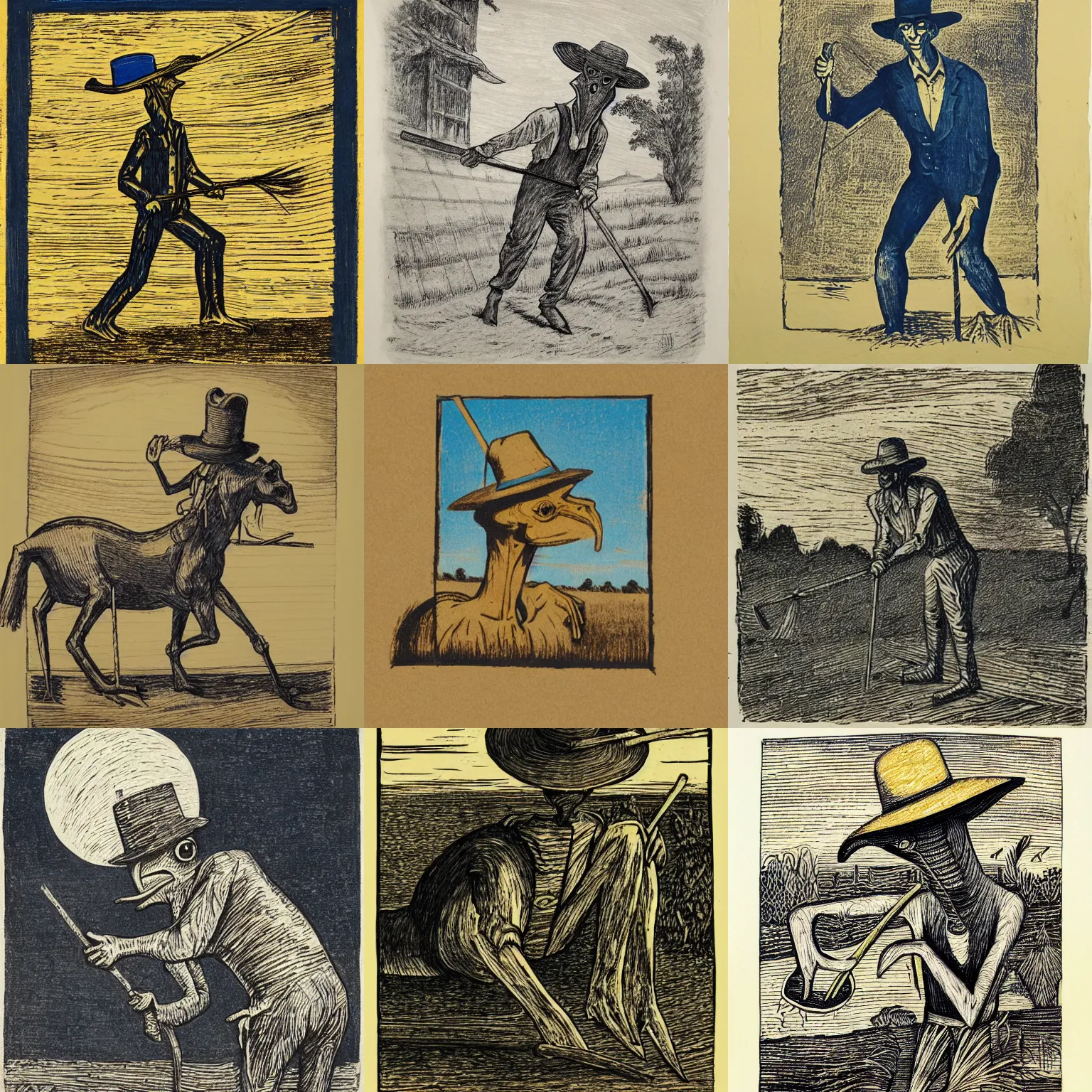 Prompt: tonalist woodcut of elongated horse - faced humanoid creature with frog hands, wearing a straw hat and overalls, using a spade, golden hour, expressive linework, crosshatching, grisaille, cobalt blue and ochre watercolor wash