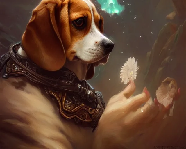 Image similar to photography of a beagle, deep focus, d & d, fantasy, intricate, elegant, highly detailed, digital painting, artstation, concept art, matte, sharp focus, illustration, hearthstone, art by artgerm and greg rutkowski and alphonse mucha