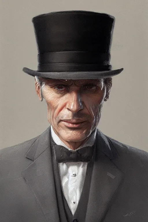 Image similar to a grey hair man with stubble top hat and suit by Greg Rutkowski, painting, portrait, high details, trending on artstation