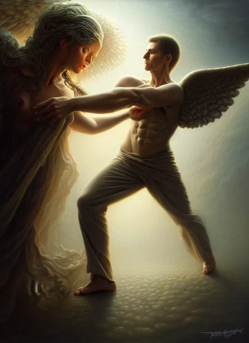 Image similar to man dancing with an angel, fine art, intricate, elegant, highly detailed, realistic hair, centered, digital painting, art station, conceptual art, soft, sharp focus, illustration, artwork, artgerm, tomasz alen kopera, peter mohrbacher, donato giancola, wlop, boris vallejo