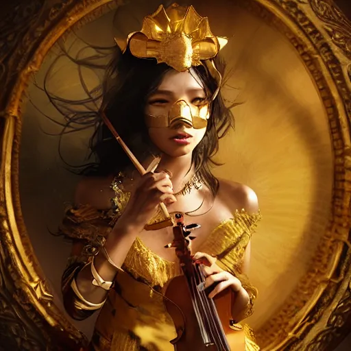 Image similar to the portrait, masked female violinist, exotic costumes, gold jewelry, black hair ， illustration by wenjun lin, irakli nadar, bright colors, octopath traveler, wenjun lin, unreal engine 5 highly rendered, global illumination, radiant light, detailed and intricate environment