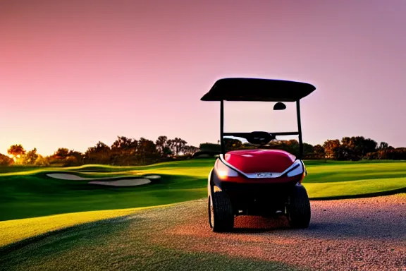 Image similar to a golf cart on a golf coarse at sunset in front of a lake