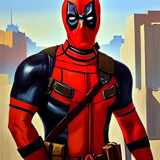 Image similar to Greg Manchess portrait painting of Deadpool as Overwatch character, medium shot, asymmetrical, profile picture, Organic Painting, sunny day, Matte Painting, bold shapes, hard edges, street art, trending on artstation, by Huang Guangjian and Gil Elvgren and Sachin Teng