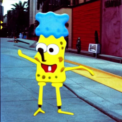 Prompt: Sad spongebob characters on Sunset Blvd, 1985 color street photography