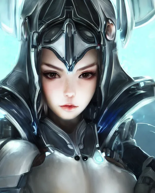 Image similar to detailed portrait of perfect android girl, warframe armor, beautiful face, scifi, futuristic, space station, laboratory, song hye - kyo, dreamy, long white hair, blue cyborg eyes, cinematic lighting, innocent, highly detailed, sharp focus, smooth, artstation, intricate, award winning, pure aura, divine, by akihiko yoshida