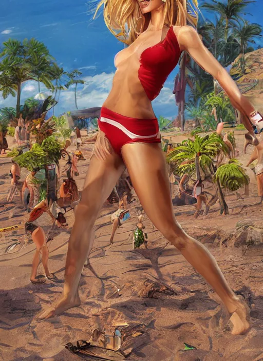 Image similar to , a gorgeous hulking woman with very long hip-length blonde hair, happy sunny day, wearing a cut-off white top and red dirt cut-off shorts standing by the water, beach tennis, modern architecture, in the style of artgerm and moebius and annie liebovitz, marvel comics, photorealistic, highly detailed, trending on artstation, Gediminas Pranckevicius