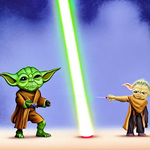 Image similar to yoda teaching grogu how to fight with a lightsaber, 8 k, trending on artstation