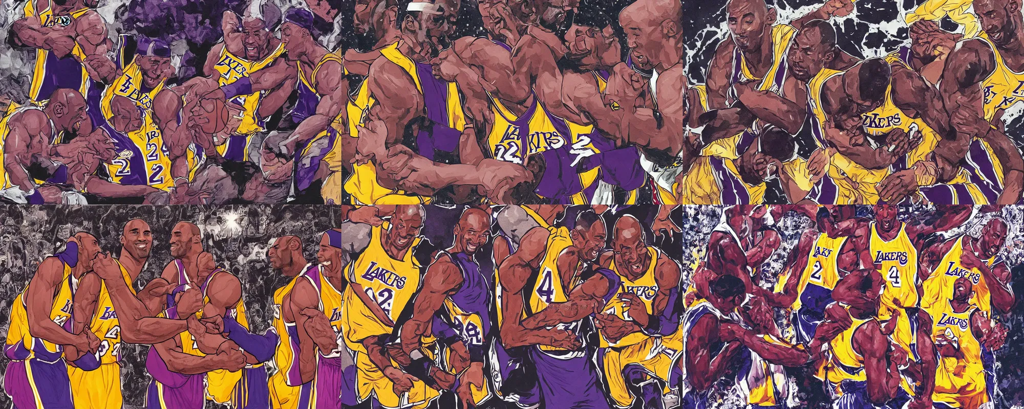 Prompt: A beautiful, stunning, extremely detailed comic book illustration by John Higgins showing Kobe Bryant and Michael Jordan arm wrestling while Lebron James cries in the background