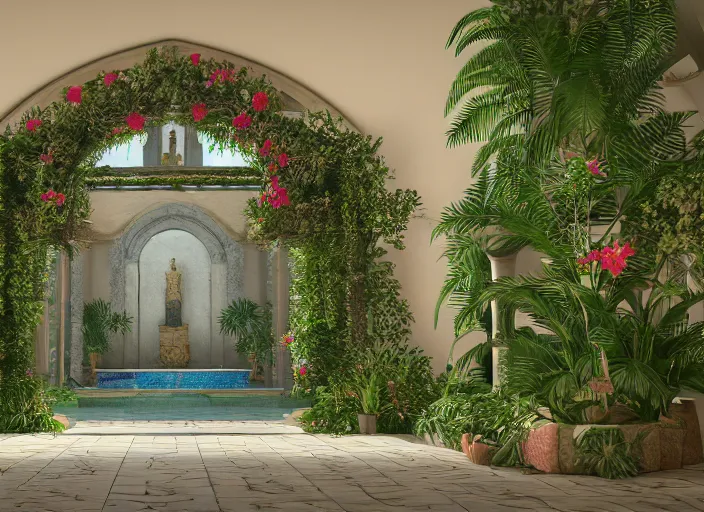 Prompt: cathedral interior with koi pond in the middle surrounded by palm trees, ivy, flowers, tropical plants, roses, and with archways. rendered in octane render with photorealistic lighting