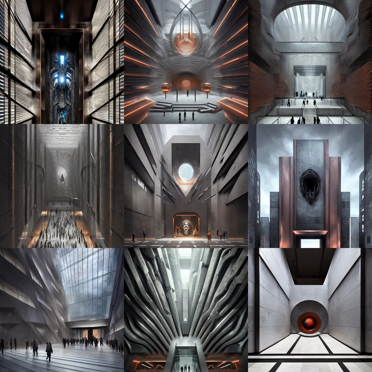 Prompt: majestic entrance to futuristic moma museum nyc, abstract shapes, concrete steel glass, intricate copper details, high contrast, muted colors, concept art, greg rutkowski and h r giger