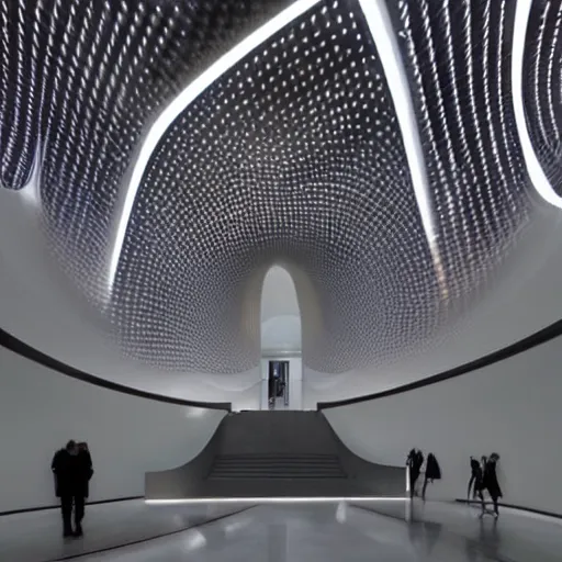 Image similar to extremely elegant detailed stunning beautiful futuristic museum vertical lobby interior by Zaha Hadid