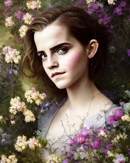 Image similar to portrait of emma watson, surrounded by flowers by karol bak, james jean, tom bagshaw, rococo, sharp focus, trending on artstation, cinematic lighting, hyper realism, octane render, 8 k, hyper detailed.