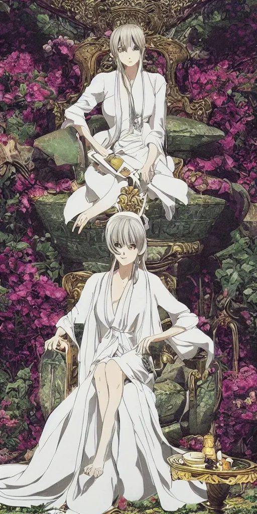 Prompt: an empress sitting by herself on a sofa in a forest wearing a white robe drawn by cloverworks studio, elegant, beauty, tarot card