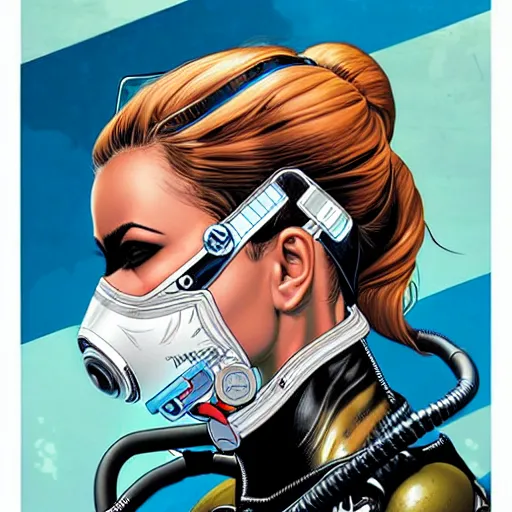 Image similar to portrait of a female diver with a oxygen mask intricate detailed mask with front profile by MARVEL comics and Sandra Chevrier