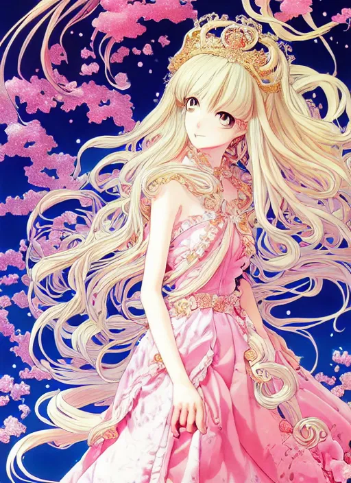 Prompt: exquisite imaginative manga poster of princess, fate, long wavy hair, rococo ruffles dress, shimmering, by type - moon, shigenori soejima, minaba hideo, katsuhiro otomo, jump comics, illustration, artstation, dark fantastic, highly detailed, 8 k, fluorescent, maximalist