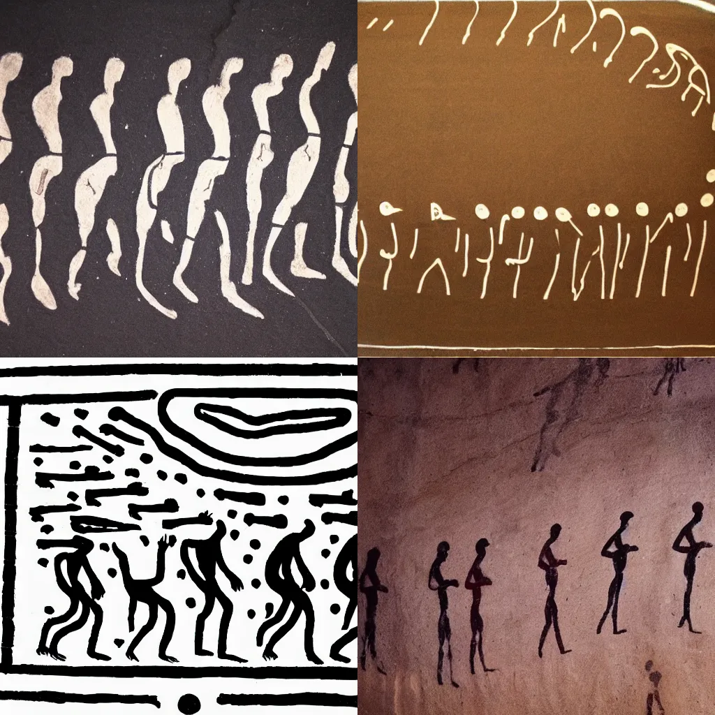 Prompt: cave painting of line of people going into a ufo