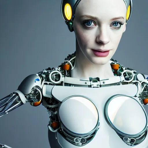 Image similar to beautiful centered Fine art photo portrait of entranced young Christina Hendricks as a solarpunk robotic humanoid, white mechanical parts with led lights, photorealistic, white background, highly detailed and intricate, sunset lighting, HDR 8k
