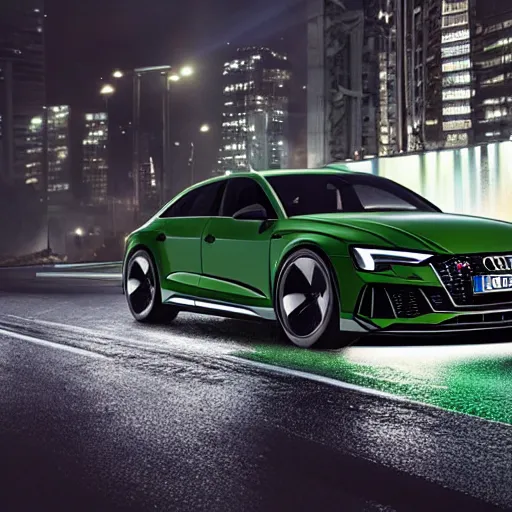 Prompt: audi rs etron gt in olive green racing other supercars through a city at night, lit with neon signs which reflect in puddles, photorealistic