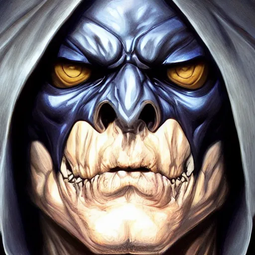 Image similar to ultra realistic portrait painting of skeletor as batman, art by stanley artgerm, 4 k, ultra realistic, highly detailed, epic lighting