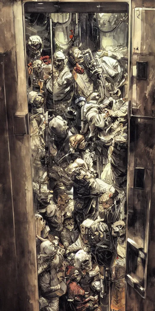 Image similar to oil painting scene from elevator by kim jung gi