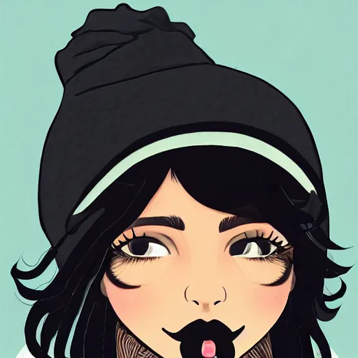 Prompt: illustration of a mixed woman with a septum piercing, short curly hair, winged eyeliner, black beanie, black bomber jacket, goth aesthetic, trending on artstation