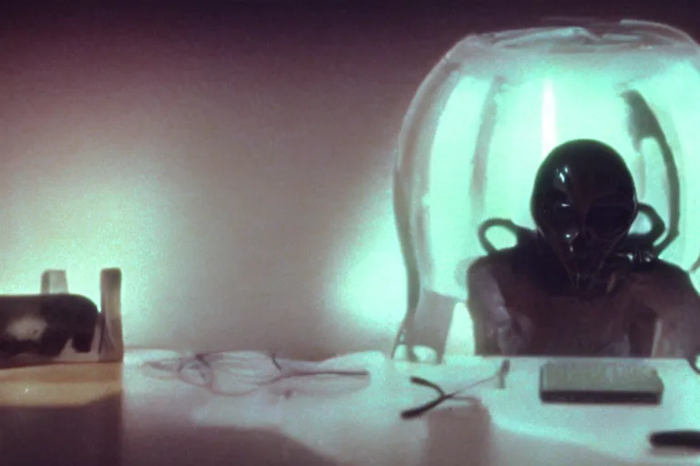 Prompt: alien catgirl using a computer to check her email submerged in translucent goo, over the shoulder perspective, in 1 9 8 5, y 2 k cybercore, industrial low - light photography, still from a kiyoshi kurosawa movie