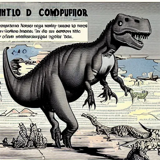 Prompt: dinosaur invented computer