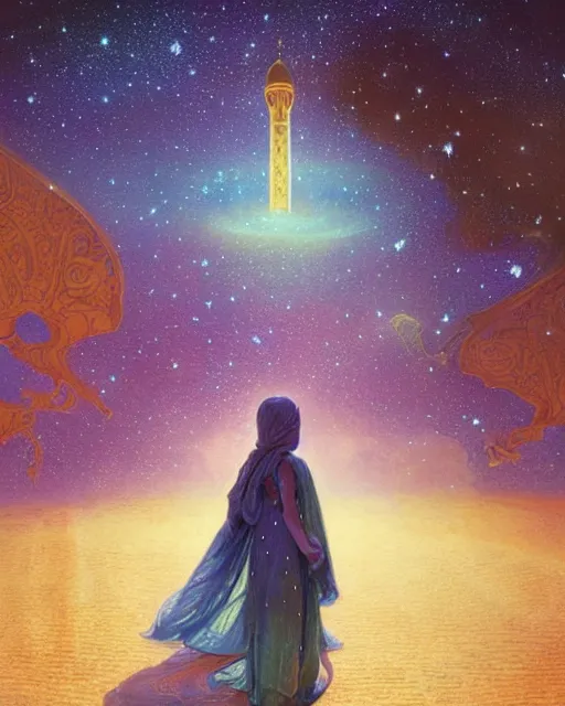 Image similar to bedouin child praying in galaxy walking towards mosque surrounded by nebula, highly detailed, gold filigree, romantic storybook fantasy, soft cinematic lighting, award, disney concept art watercolor illustration by mandy jurgens and alphonse mucha and alena aenami, pastel color palette, featured on artstation