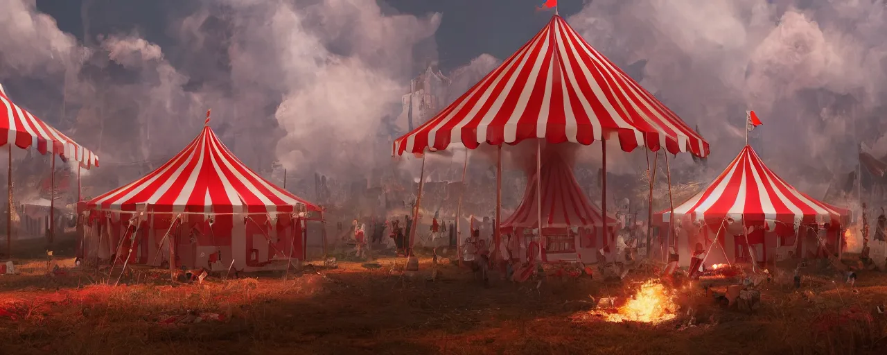 Image similar to red and white circus tent on fire, wide angle, matte painting, concept art, cgsociety, octane render, trending on artstation, artstationHD, artstationHQ, unreal engine, 4k, 8k