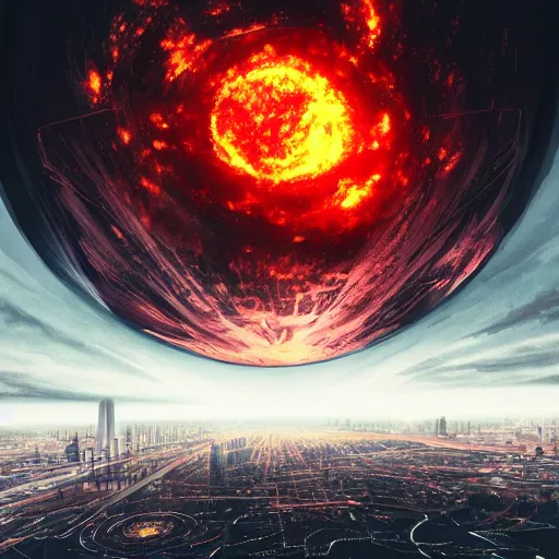 Image similar to a black glowing sphere in the center of the sky surrounded by swirling firestorm clouds, a detailed wide cityscape modern, wide perspective, highly detailed digital art, cinematic, hyper realism, oil on canvas, trending on Artstation, octane render