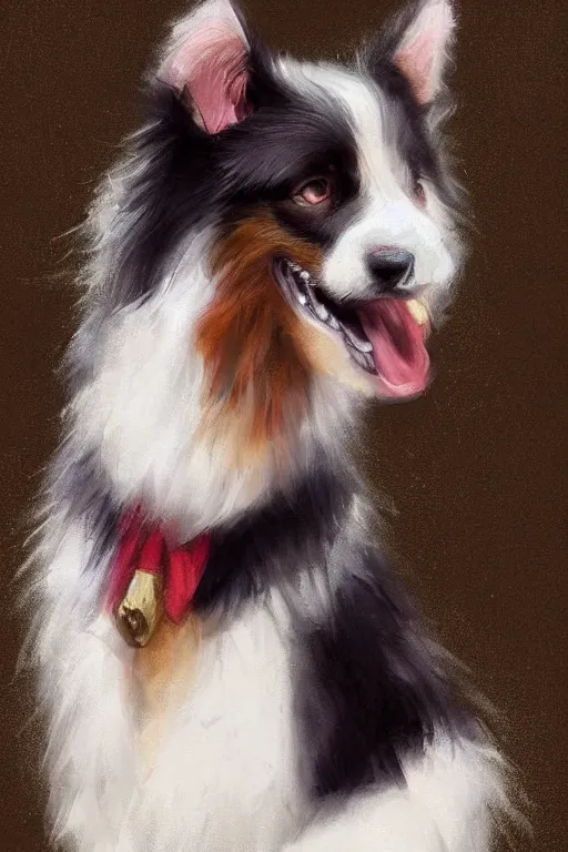 Image similar to portrait of a cute male anthropomorphic border collie fursona wearing a suit. by henry asencio, jon foster, and ross tran. scenic background, highly detailed, concept art, furry, glamor pose, elegant, aesthetic, beautiful, trending on artstation, top rated on furaffinity and deviantart