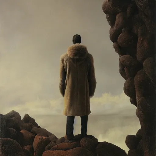 Image similar to Portrait Portrait of Pootie Tang the Guy emerging from poofy tigerskin coat whilst standing atop a cloud-covered mountain peak greg rutkowski dan witz paul klee andrew wyeth tom bagshaw stanton feng bastien lecouffe-deharme tombow oil painting