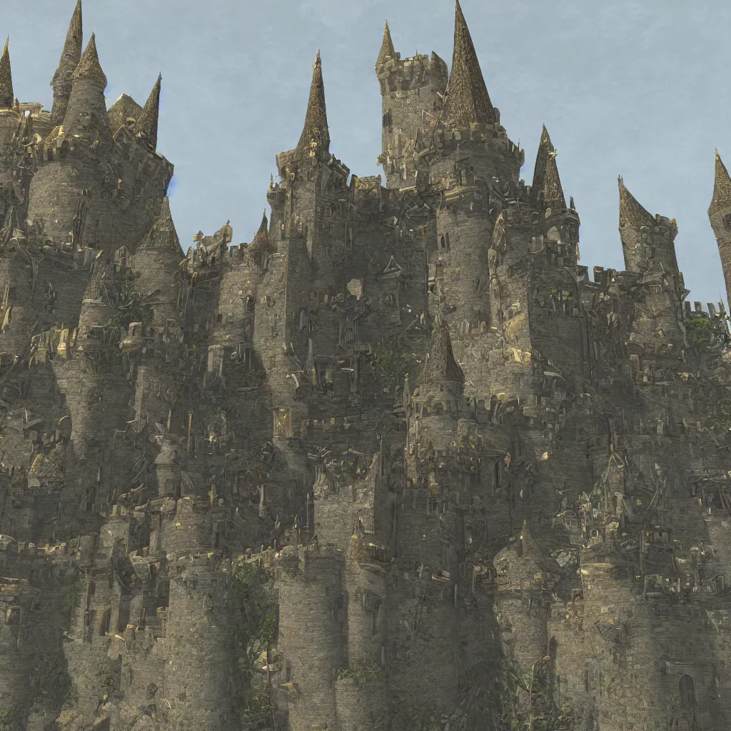 Image similar to castle, 4 towers, photorealistic, hyper detailed, picture taken from the ground, first person perspective, realistic