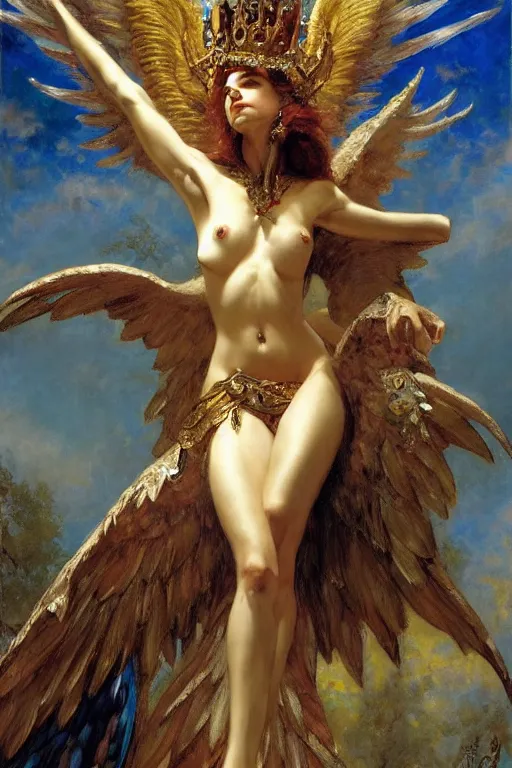 Prompt: full body portrait of harpie queen astride her throne, highly detailed painting by gaston bussiere, craig mullins, j. c. leyendecker, 8 k, mid shot