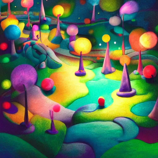 Image similar to a matte digital painting of candyland at night, bokeh, bright colours, watercolor, volumetric crayon felting, macro photography, children illustration, by goro fujita