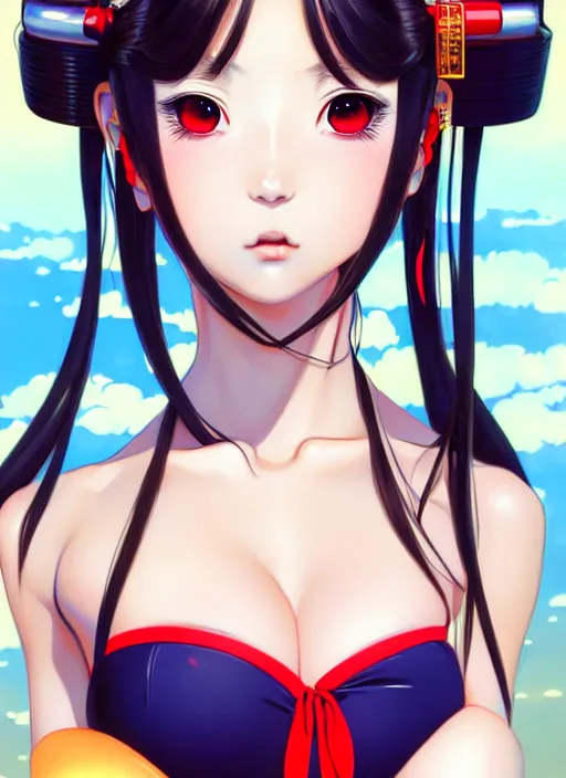 Prompt: glamorous and sexy Geisha schoolgirl, portrait of beautiful young anime girl in bikini armor, cute-fine-face, pretty face, realistic shaded Perfect face, fine details, photorealism, Anime, cyberpunk, Warhammer, highly detailed, artstation, illustration, art by Ilya Kuvshinov and Gustav Klimt