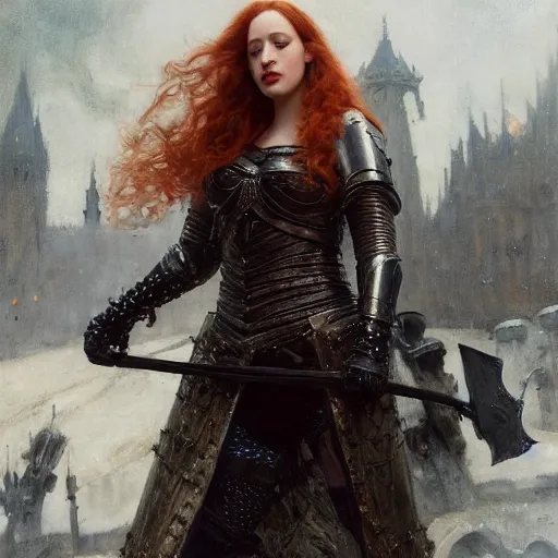 Image similar to redhead kat dennings wearing black medieval armour, by gaston bussiere, bayard wu, greg rutkowski, giger, maxim verehin, greg rutkowski, masterpiece, sharp focus, cinematic lightning