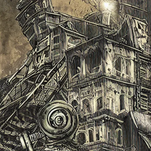 Image similar to precisely drawn illustration of anime verdigris colored old ruined tower, old-fashioned tarot card, victorian playing card, sepia tone, wide angle, sharp, fine details, anime, manga, cyberpunk, intense line art, 8k, precise linework, realistic, shaded lighting by katsuhiro otomo ghost-in-the-shell, magali villeneuve, artgerm, rutkowski Jeremy Lipkin and Giuseppe Dangelico Pino and Michael Garmash and Rob Rey