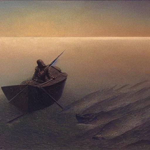 Image similar to a combat skiff by Zdzisław Beksiński, oil on canvas