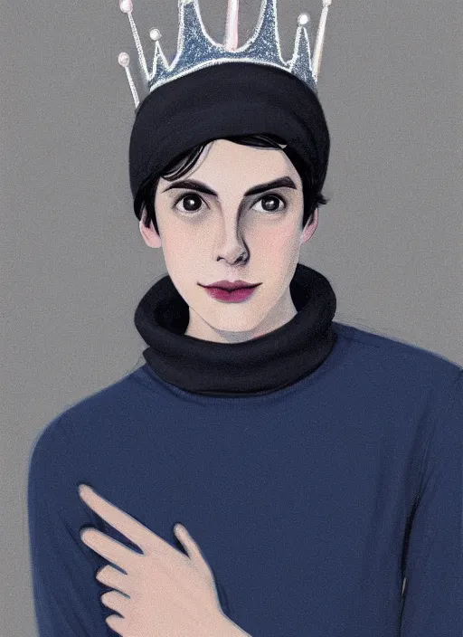 Image similar to portrait of teenage jughead jones wearing a light grey crown, crown, blue turtleneck, 1 9 5 0 s, closed eyes, photorealistic, black hair, glowing lighting, intricate, elegant, glowing lights, highly detailed, digital painting, artstation, concept art, smooth, sharp focus, illustration, art by wlop, mars ravelo and greg rutkowski