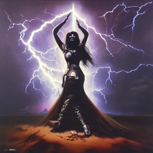 Prompt: ultra realistic portrait painting of a heavy metal album cover with a goth girl and lightning, art by frank frazetta, vintage levi ’ s ad, stormy weather, dark vibes, 4 k, ultra realistic, highly detailed, epic lighting