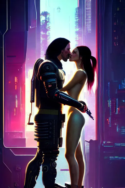 Prompt: a cyberpunk 2077 couple portrait of Keanu Reeves & female android final kiss in the night city,love,art by John Collier and Albert Aublet and Krenz Cushart and Artem Demura and Alphonse Mucha,John Wick,Replicas,artstation,deviantart,FAN ART,Digital painting,face enhance,highly detailed,8K,octane,golden ratio,cinematic lighting