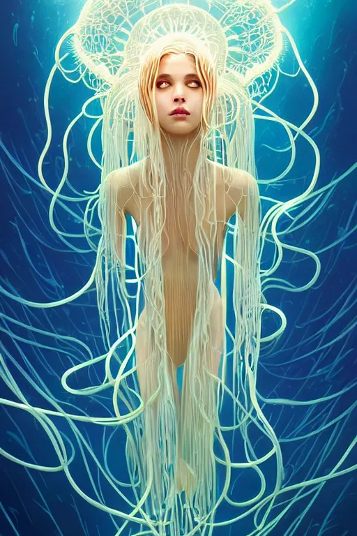 Image similar to beautiful spaghetti jellyfish goddess underwater, ethereal art deco, fantasy, intricate art deco ocean designs, elegant, highly detailed female, sharp focus, art by artgerm and beeple and greg rutkowski and wlop