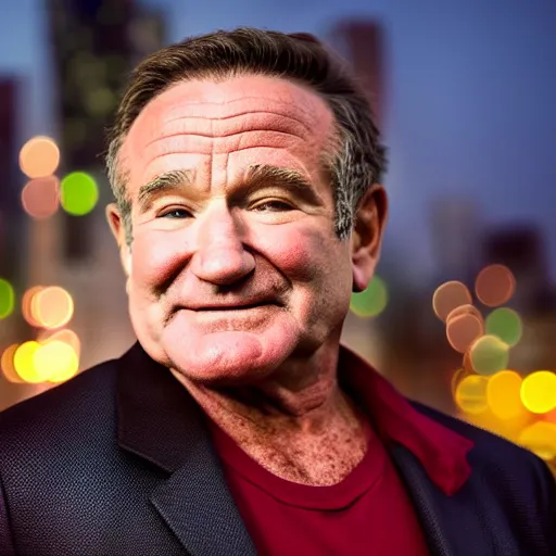 Prompt: a still of Robin Williams. Shallow depth of field. City at night in background, lights, colors ,studio lighting, mood, 4K. Profession photography