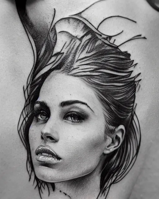 Prompt: tattoo design sketch of a beautiful woman face next to a faded background of beautiful mountains, hyper - realistic, in the style of den yakovlev, amazing detail, black and white